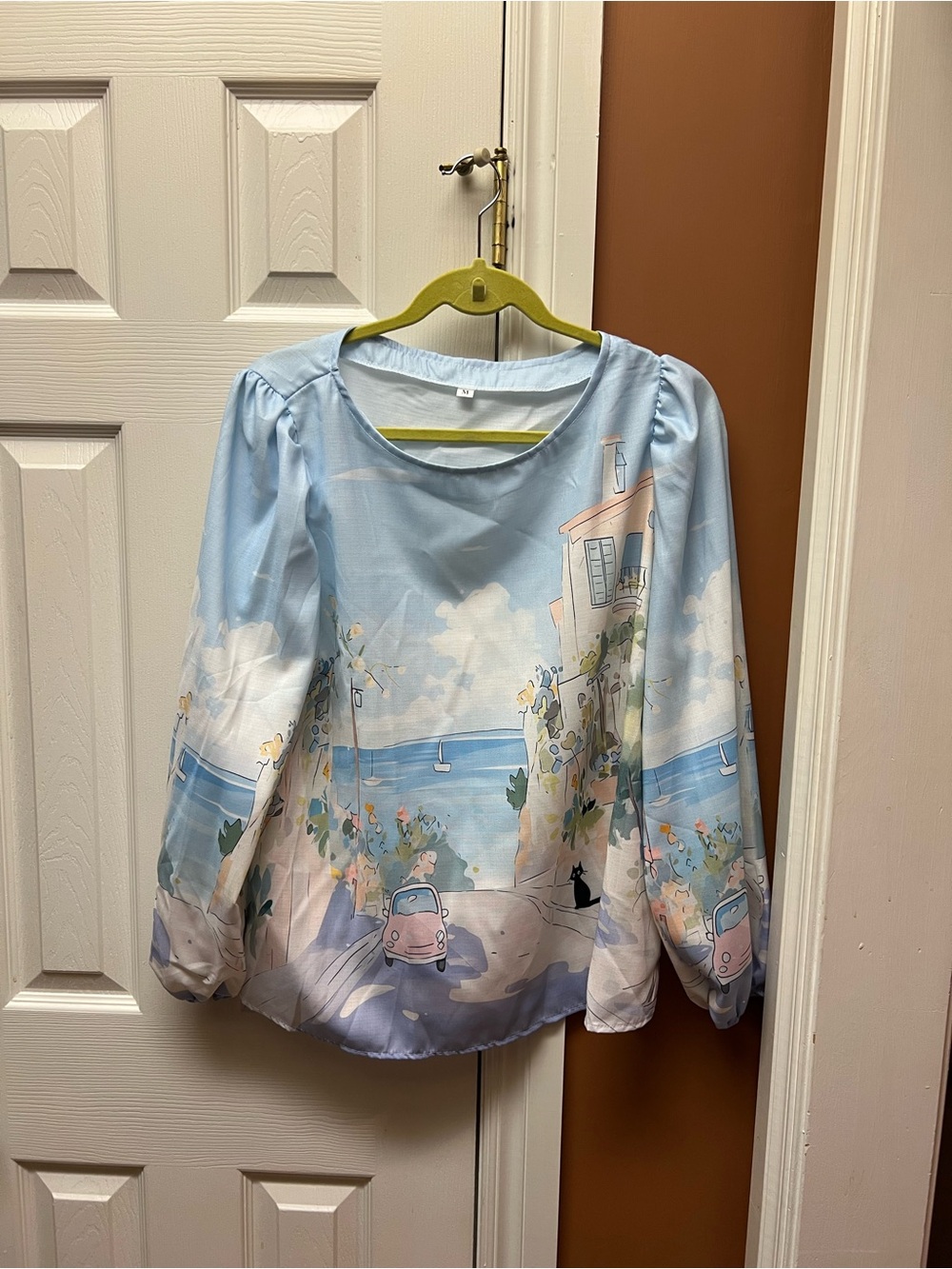Light Blue Scenic Print Long-Sleeve Women's Blouse
